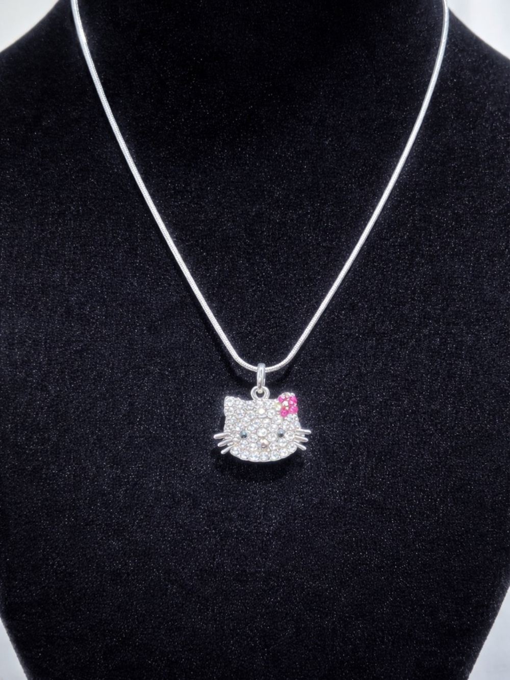 Silver Hello Kitty Style Crystal Pendant Necklace - Pink Accent